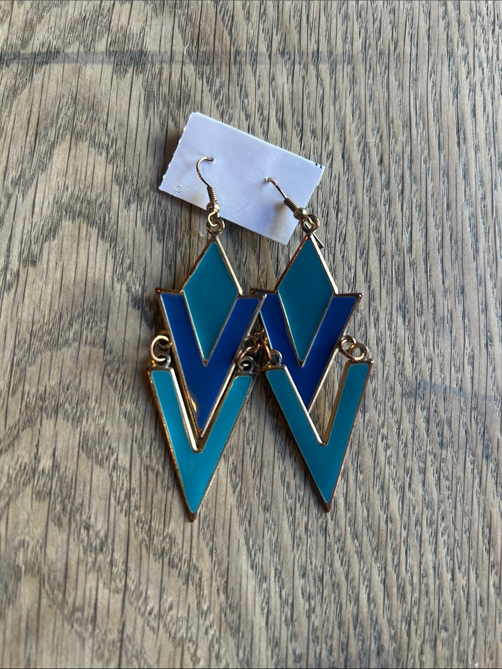 Blue turquoise enameled chevron V-Shaped Drop Earrings - Gold Accent